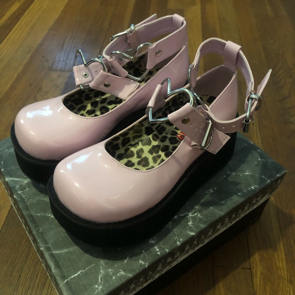 Demonia Pink Patent Platform Mary Janes with Heart Buckles